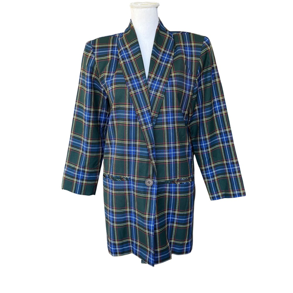 Salvatore Ferragamo Green Tartan Plaid Blazer Made in Italy Purple Lining Womens